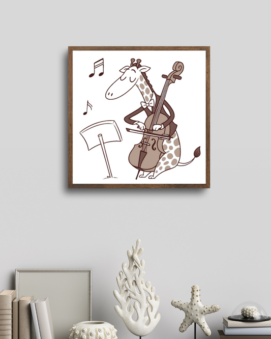 Cadre avec girafe jouant du violoncelle en style musical élégant et harmonieux