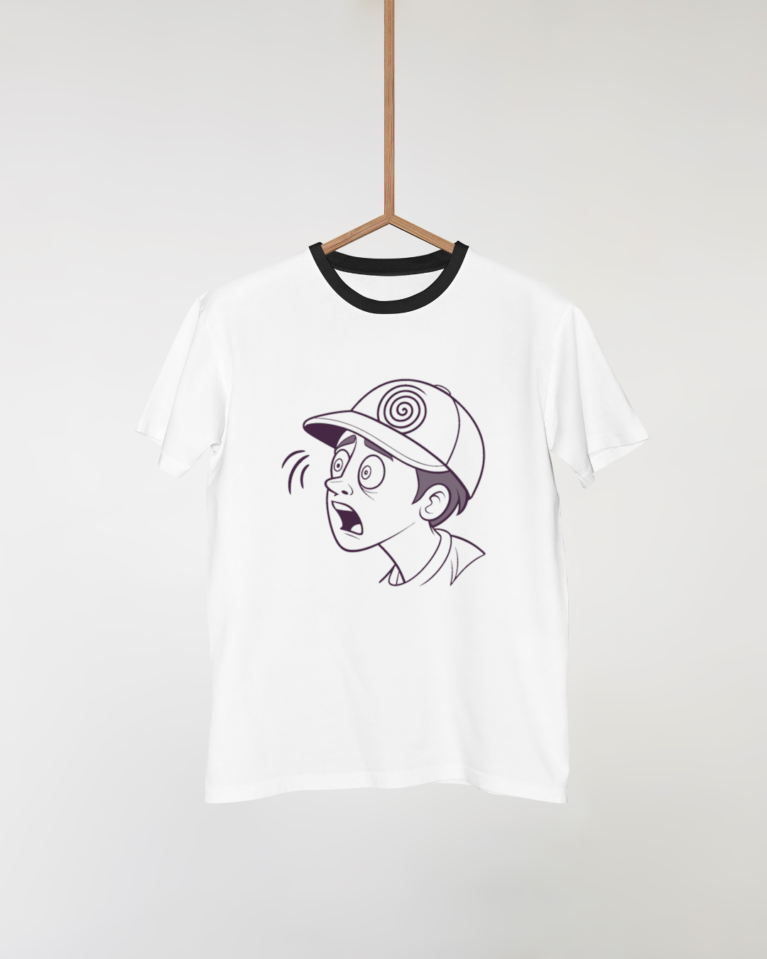 T-shirt avec icône minimaliste de garçon surpris en style simple et moderne