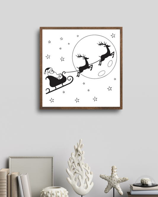 Cadre féérique décoré d'un Père Noël en vol stylisé monochrome