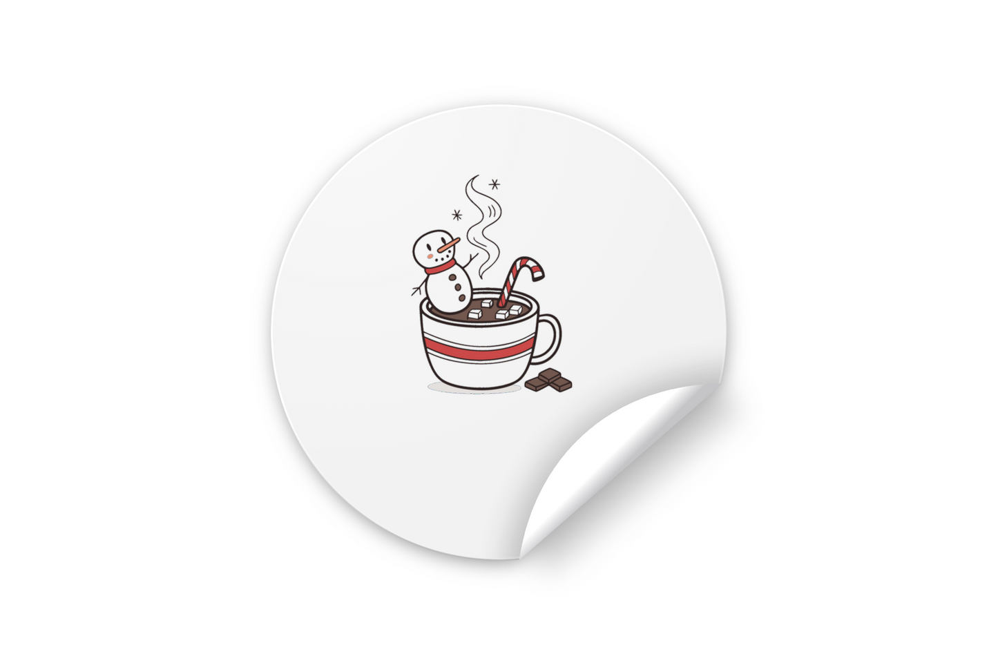 Sticker festif représentant un bonhomme de neige dans un chocolat chaud magique