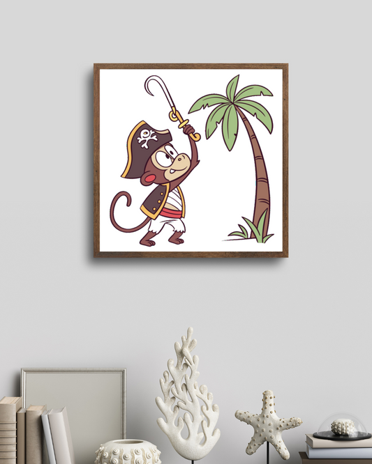 Cadre avec singe pirate au style cartoon pour aventures exotiques