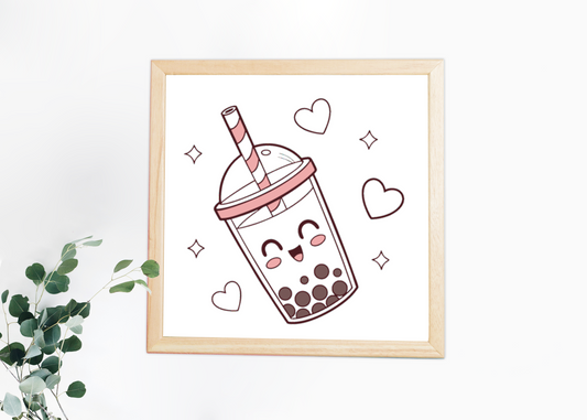 Cadre art mural avec un bubble tea kawaii au sourire gourmand