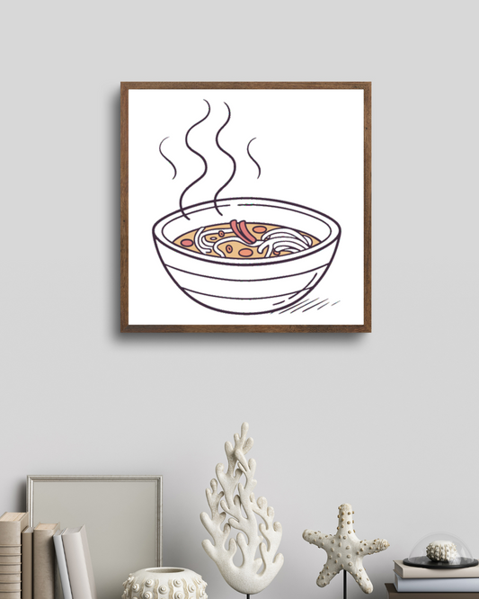 Cadre décoratif style plat avec bol de ramen fumant pour une cuisine conviviale