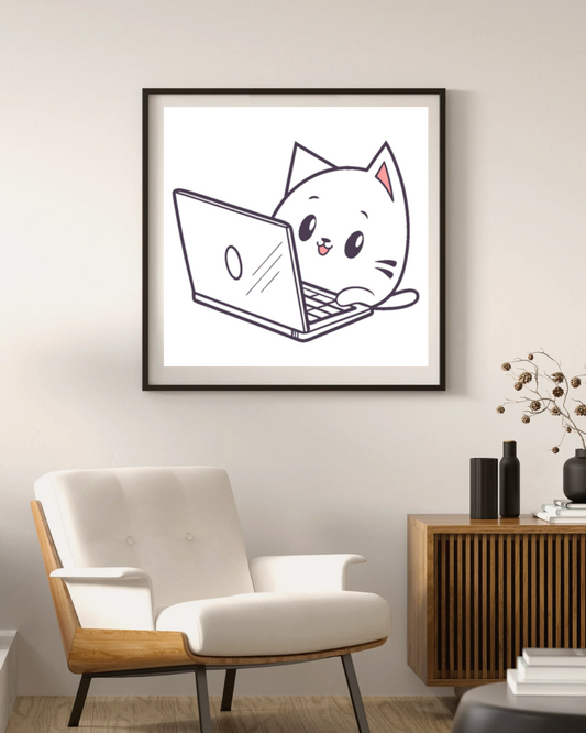 Cadre élégant avec un chat cartoon amusant en plein travail high-tech