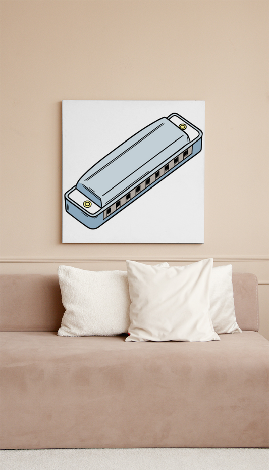 Cadre moderne avec harmonica en style doodle évoquant une musique aventureuse