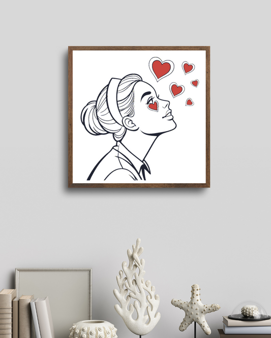 Cadre déco minimaliste avec illustration de jeune femme entourée de cœurs flottants