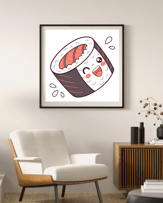 Cadre décoratif avec makizushi kawaii joyeux dans un style gourmand et pétillant