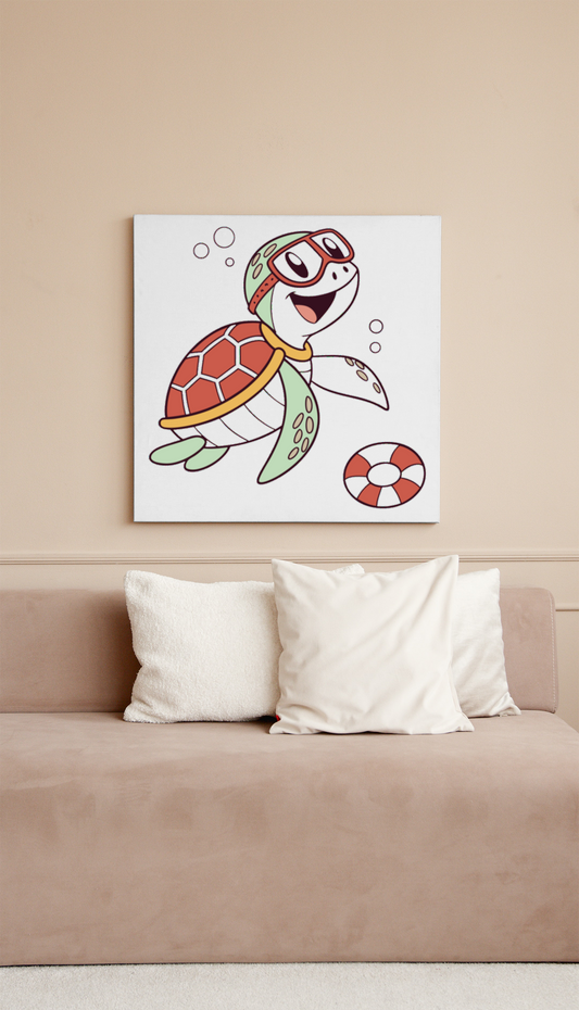Cadre décoratif avec tortue joyeuse en plongée dans une aventure marine colorée