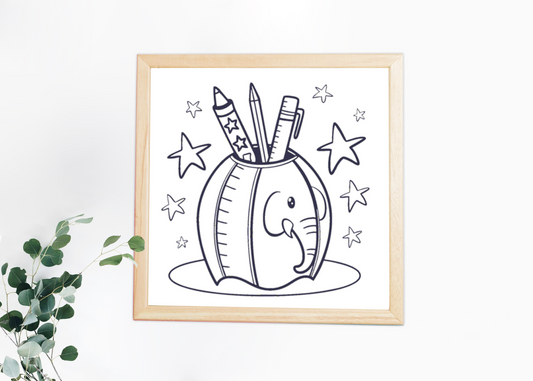Cadre décoratif avec éléphant crayonné et étoiles ambiance ludique éducative