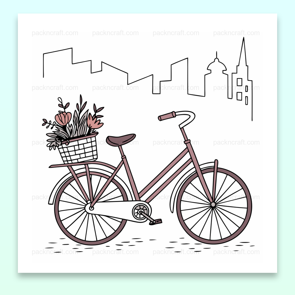 Illustration de vélo fleuri en ville, idéal pour déco et projets créatifs.