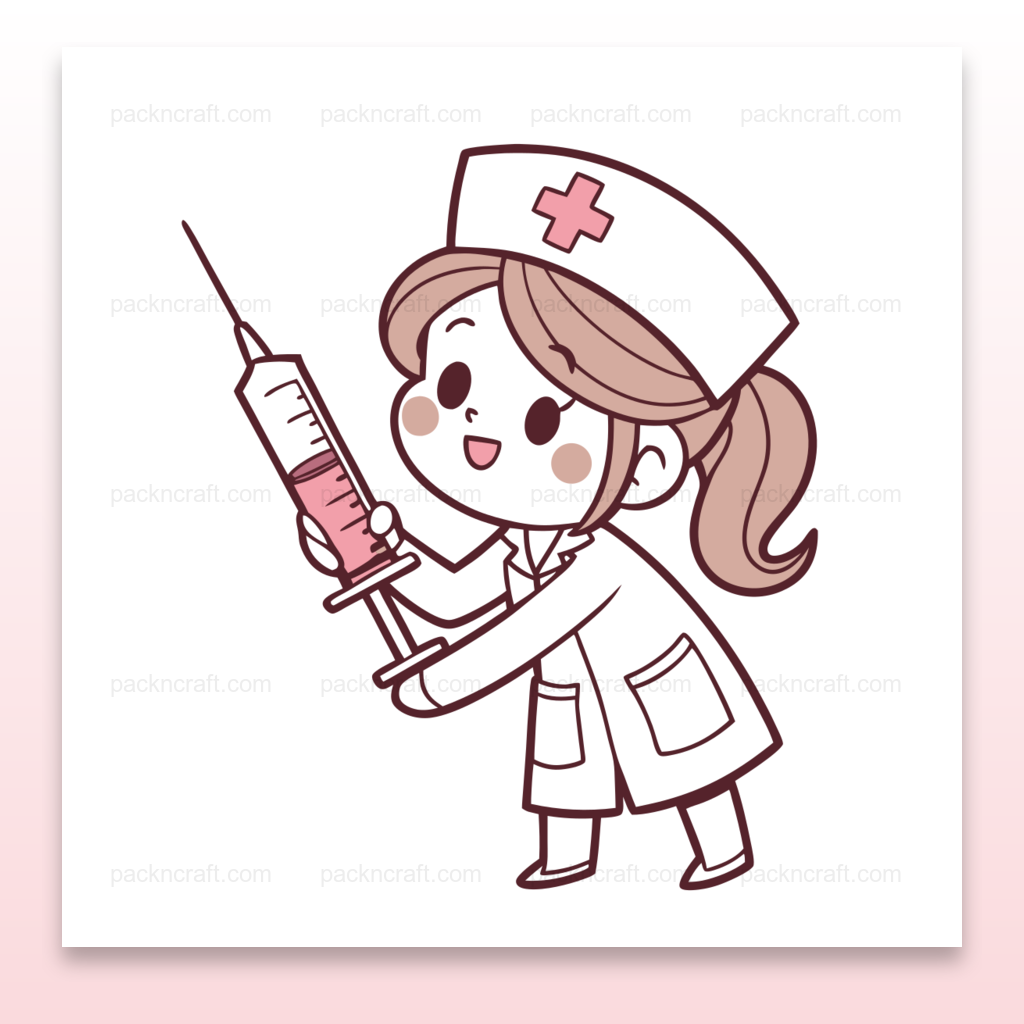 Illustration d'infirmière joyeuse avec seringue pour usage éducatif et déco.