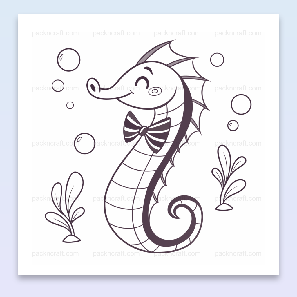 Illustration d'un hippocampe joyeux en style minimaliste, usage pour stickers et projets marins.
