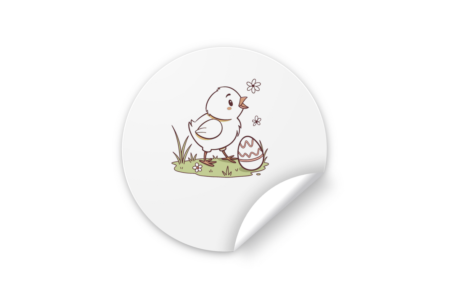 Sticker avec un poussin kawaii curieux et un œuf, parfait pour Pâques