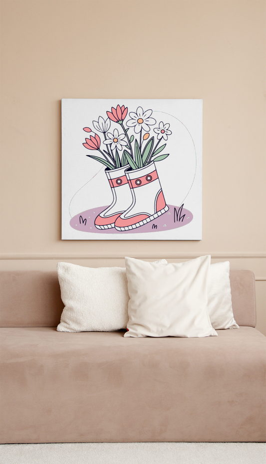 Cadre au style moderne orné de bottes fleuries chic dans une ambiance rétro