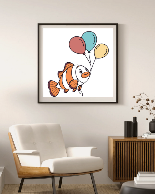 Cadre moderne avec poisson clown cartoon évoquant une évasion marine colorée