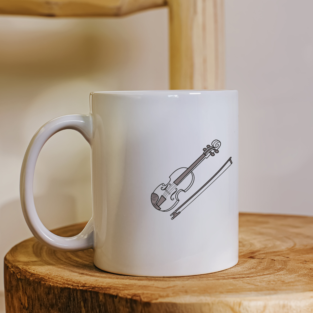 Mug présentant un violon stylisé minimaliste sur fond blanc élégant et épuré