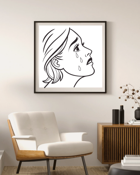 Cadre moderne avec icône minimaliste d'un visage pleurant, style épuré et expressif