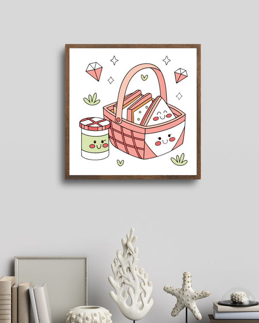 Cadre estival avec motif panier de pique-nique joyeux en tons pastel et scène lumineuse