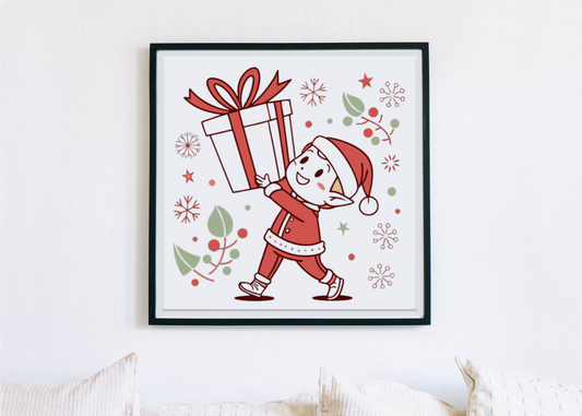 Cadre avec lutin joyeux et cadeau dans ambiance festive de Noël magique