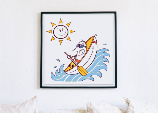 Cadre avec banane joyeuse en kayak dans un style cartoon aventures nautiques