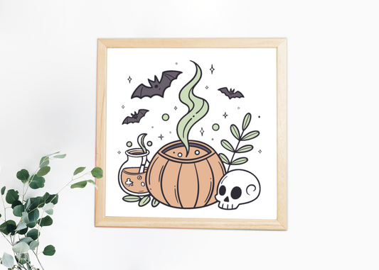 Un cadre affiche un chaudron magique avec allure mystique dans un style Halloween