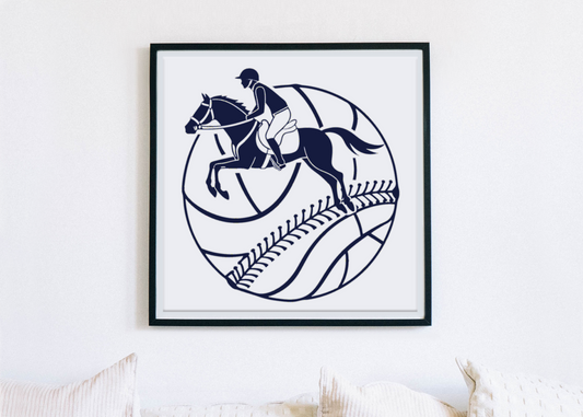 Cadre sportif avec icône numérique élégante montrant un cavalier énergique