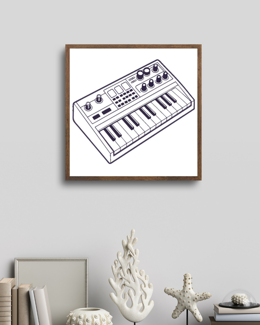 Cadre avec design minimaliste évoquant un synthétiseur créatif en musique électronique