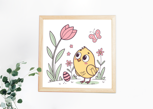 Cadre avec poussin curieux en couleur pastel, style enchanteur et printanier