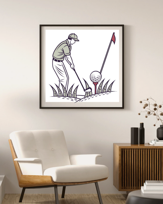 Cadre avec motif vintage montrant un golfeur concentré en pleine action