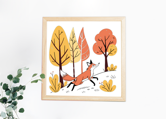 Cadre décoratif avec renard espiègle en forêt, ambiance automnale chaleureuse