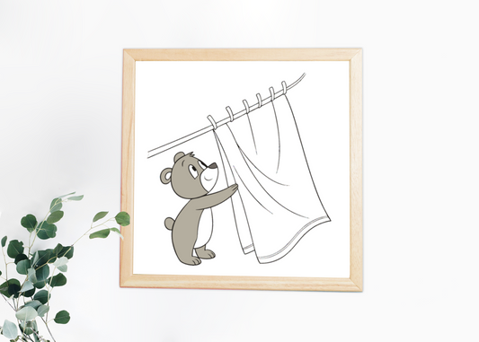 Cadre au style linéaire avec petit ours curieux sur un thème familial