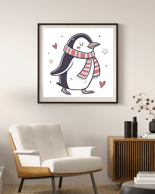 Cadre avec pingouin paisible style doodle en écharpe sur fond hivernal chaleureux