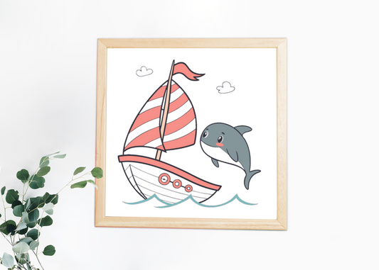 Cadre décoratif avec dauphin joyeux et voilier en mer, style coloré et moderne