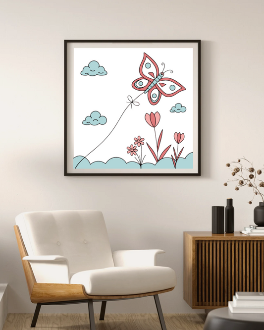 Cadre décoratif avec papillon et nuages, ambiance douce et naturelle