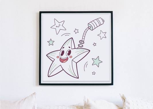 Cadre avec icône d'étoile joyeuse dans un style kawaii, ambiance festive étoilée