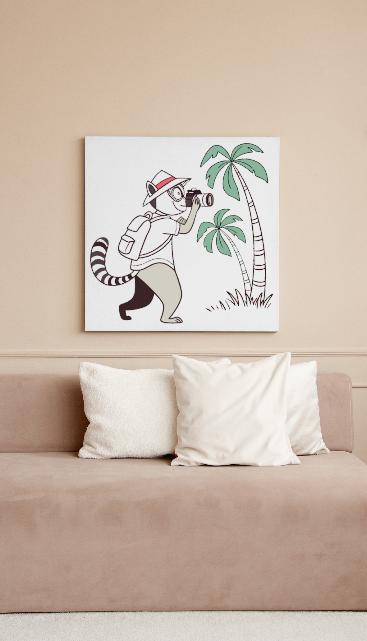 Cadre avec un lémurien s'aventurant dans un style épuré et tropical