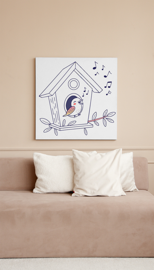 Cadre décoratif avec oiseau chantant et nichoir en doodle, style naturel et apaisant