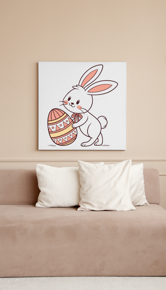 Cadre décoratif avec un lapin joyeux et œuf de Pâques dans des tons pastel