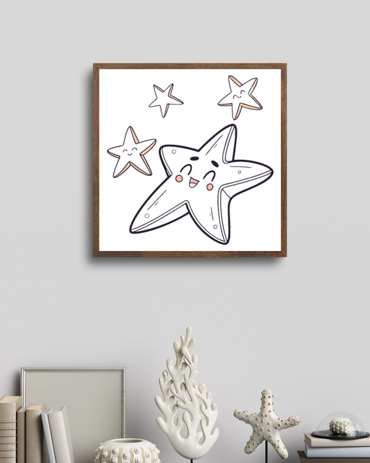 Cadre déco au thème marin avec étoile de mer souriante dans un style charmant