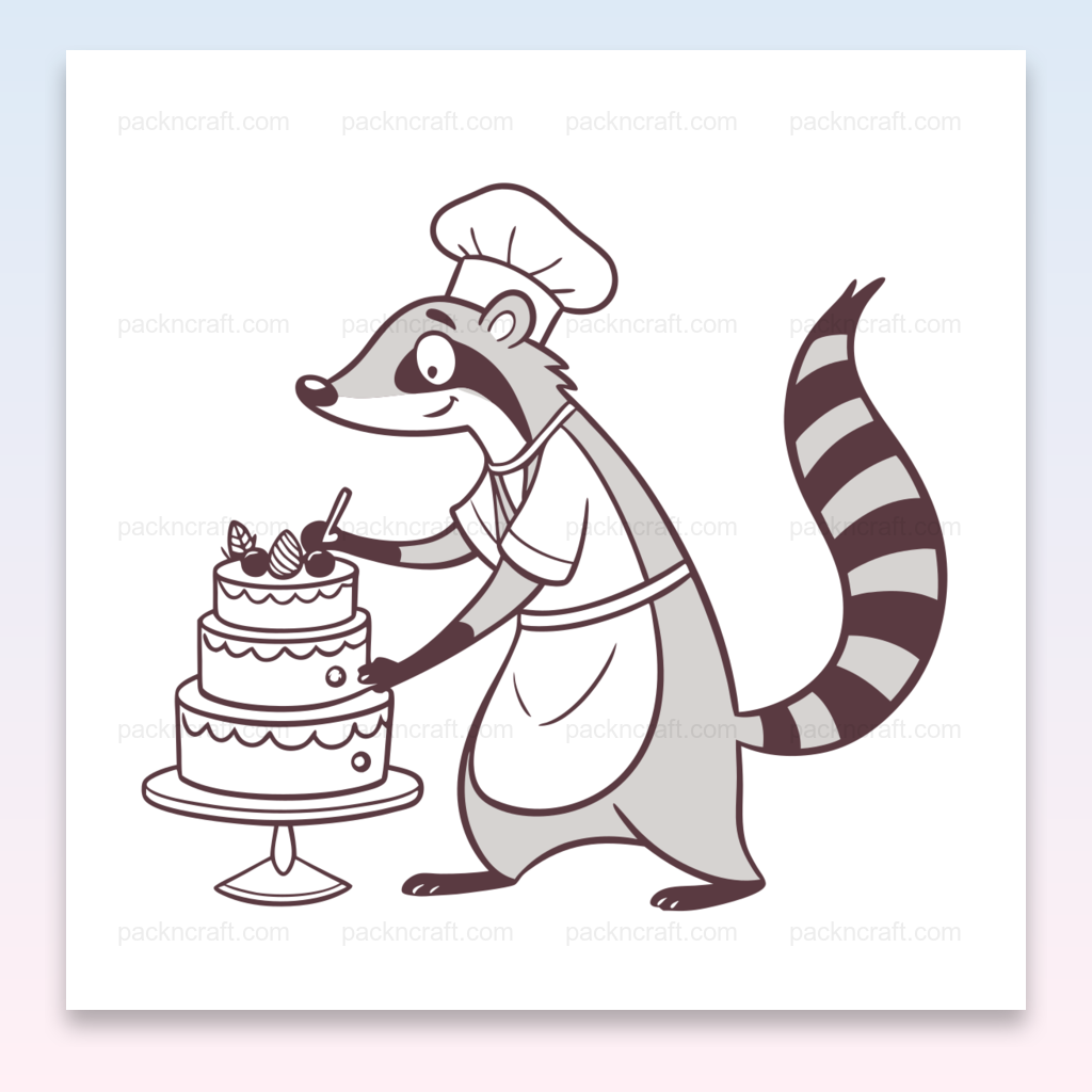Illustration doodle d'un raton laveur pâtissier joyeux en mode création.