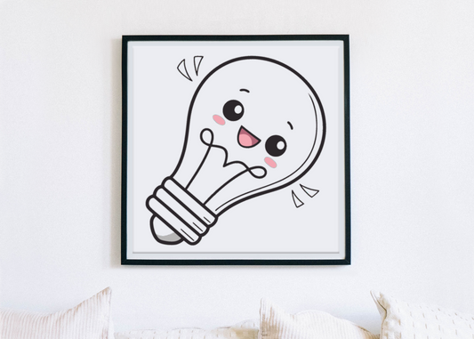Cadre moderne avec ampoule souriante style kawaii pour décoration murale unique