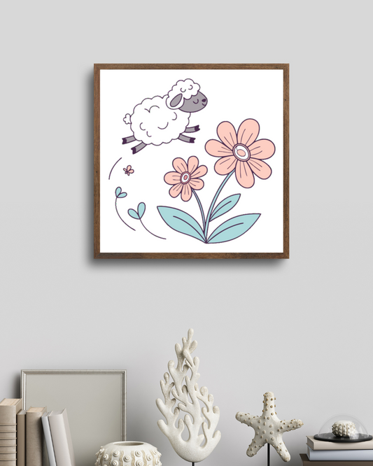 Cadre avec mouton sautillant et fleurs pastel dans un style printanier enchanteur