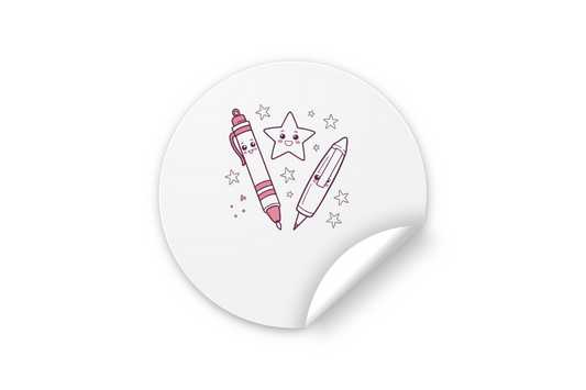 Sticker éducatif représentant une étoile joyeuse entourée de stylos colorés