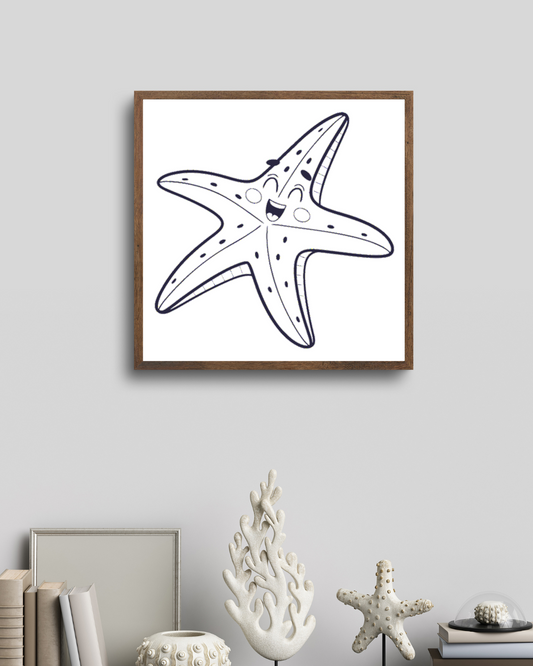 Cadre avec étoile de mer souriante dessinée simplement et ambiance marine apaisante