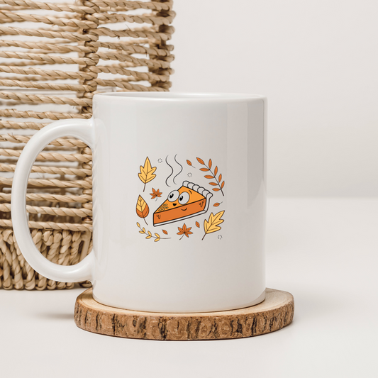 Mug décoré d'une tarte joyeuse kawaii sur fond automnal, style ludique et vibrant