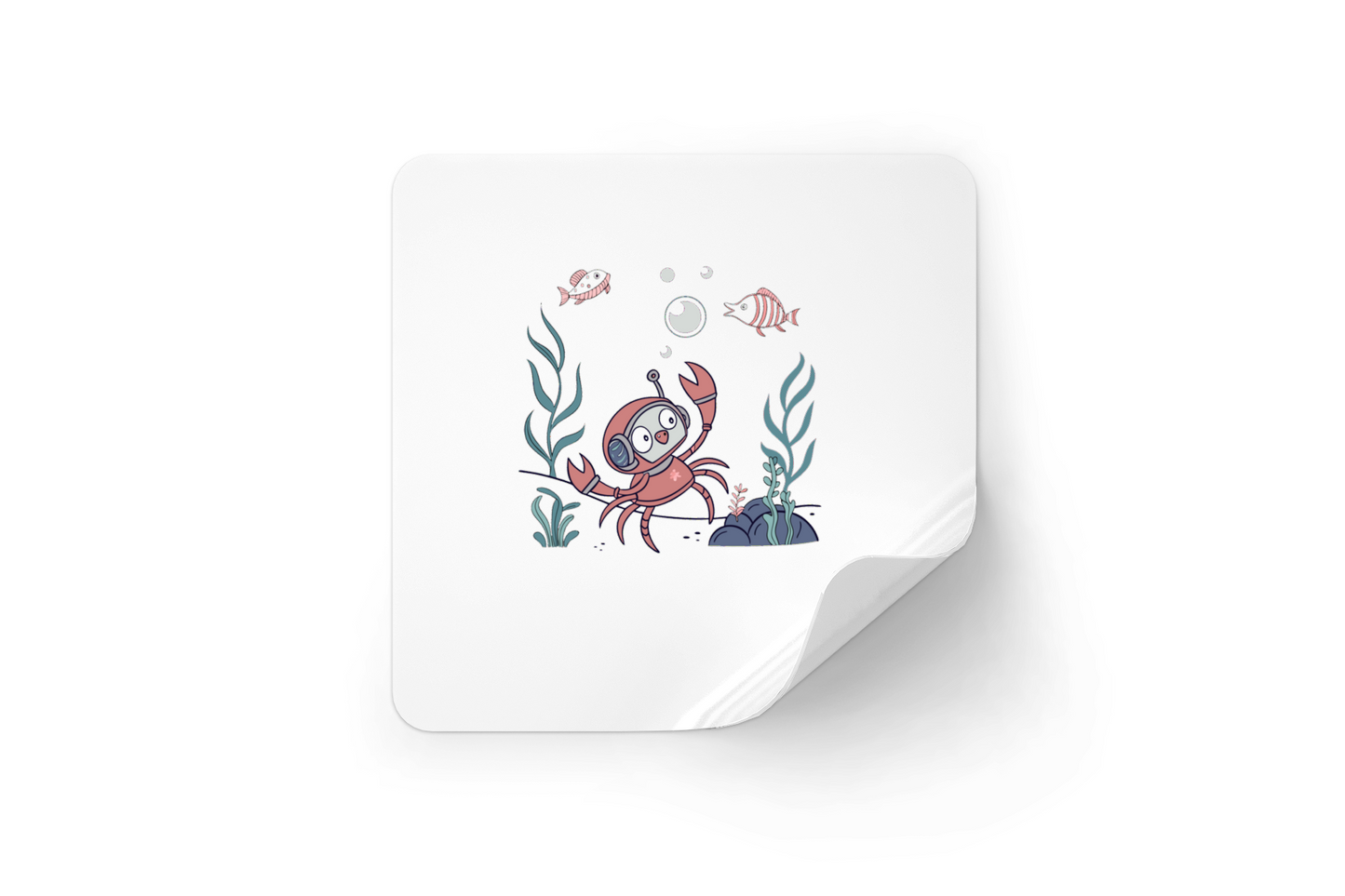 Sticker avec crabe plongeur curieux dans un style doodle, ambiance aventure aquatique