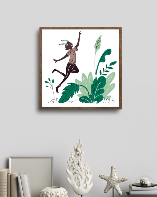 Cadre avec doodle coloré représentant une créature joyeuse sautant en jungle enjouée