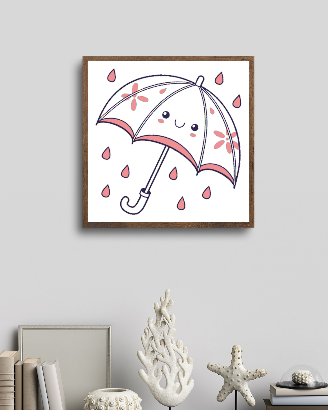 Cadre enfantin avec un parapluie kawaii souriant sous la pluie