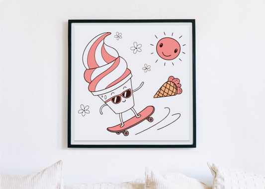 Cadre avec une glace souriante sur skateboard, style estival et joyeux