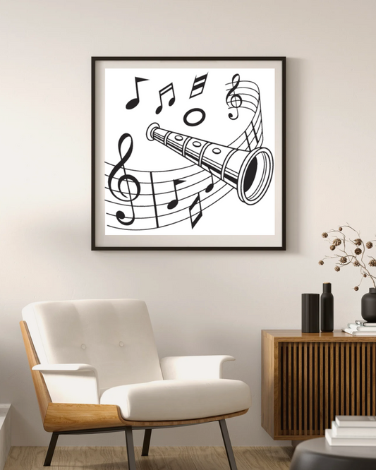 Cadre artistique élégant avec flûte et notes dansantes dans un style musical graphique